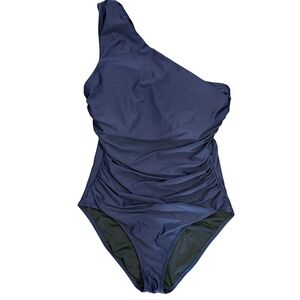 J. Crew Re-Imagined One Shoulder Ruched One Piece Swimsuit Navy Blue Size 14